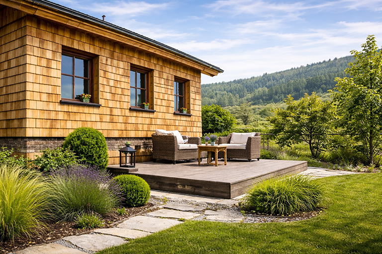 Holzhaus mit natürlicher Holzschindel-Fassade und Holzterrasse, professionell verlegt in Leibnitz, Graz-Umgebung und Südoststeiermark von Gernot Leifert aus Heiligenkreuz am Waasen